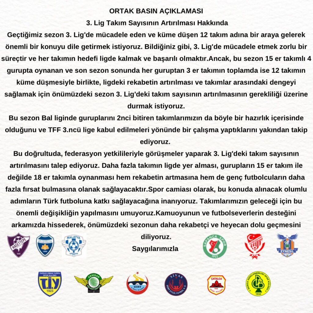 Akşehirspor’u yakındanilgilendiriyor: 3.Ligden Küme Düşen Takımlar, TFF’ye 3. Lig Takım Sayısının Artırılması İçin Çağrı Yaptı
